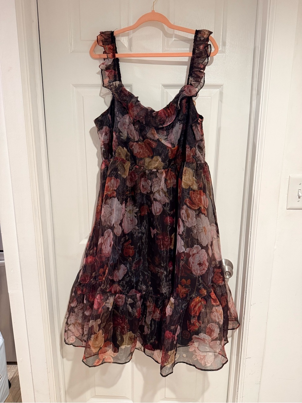ROMWE Black Sheer Floral Tiered Dress with Pink and Orange Blooms